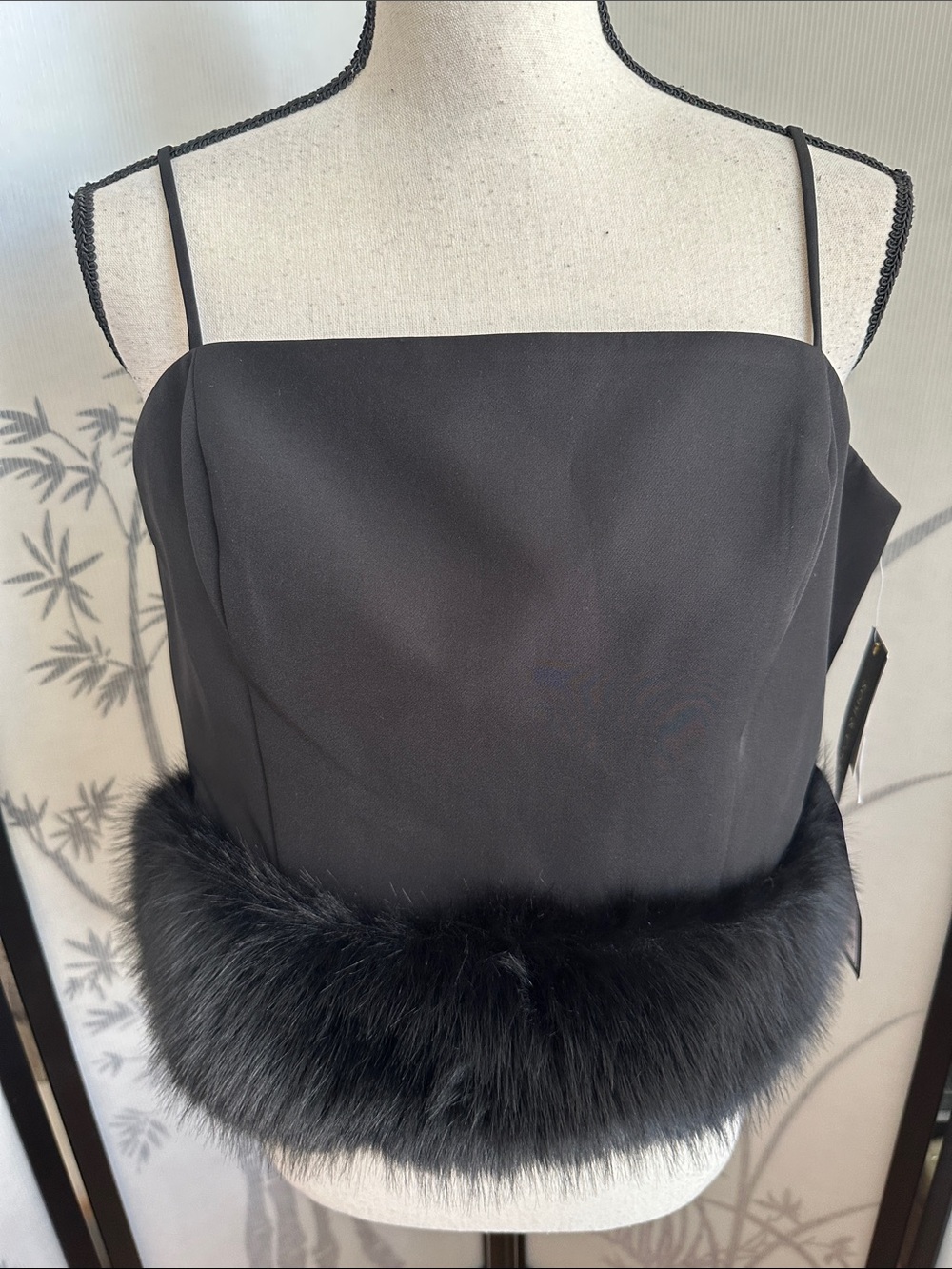 Black Faux-Fur Hem Spaghetti Strap Crop Top
